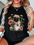 Women's T-Shirt Colorful Blooms With Pug Sitting In Flowerpot Surrounded By Flowers