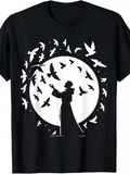 Men's T-Shirt Silhouetted Birds Flying Around Moonlit Figure