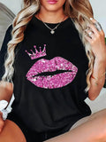 Women's T-Shirt Pink Glittering Crown With Sparkling Lips On Black Fabric Shirt