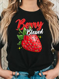 Women's T-Shirt Berry Blessed Sparkling Red Strawberry Surrounded By Green Leaves