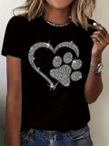 Women's T-Shirt Sparkling Crystal Heart Shaped Design With Glittering Pet Paw Print