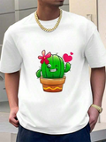 Men's T-Shirt Cartoon Illustration With Pink Flowers And Happy Potted Cactus