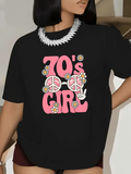 Women's T-Shirt Seventies Style Typography With Peace Signs And Daisies Girl