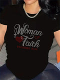 Women's T-Shirt Woman Of Faith With Red Heart And Decorative Lettering Shirt