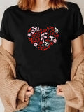 Women's T-Shirt Romantic Doodle Motif With Red Florals And Playful Heart Pattern
