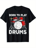 Men's T-Shirt Born To Play Drums Red Drum Set With Grunge Texture Markings Centered Drumkit