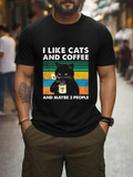 Men's T-Shirt I Like Cats And Coffee Vintage Retro Stripes With A Cat Holding Mug