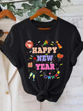 Women's T-Shirt Happy New Year With Colorful Confetti Party Hat Fireworks And Champagne Glass