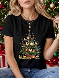 Women's T-Shirt Festive Tree With Chickens Stars Ornaments And Colorful Gifts Christmas Tree