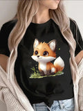 Women's T-Shirt Cute Watercolor Style Fox Sitting On Fresh Green Grass Fox