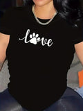 Women's T-Shirt Love Handwritten Script With Pet Paw Print Motif Centered On T Shirt