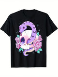 Women's T-Shirt Whimsical Pink Roses With Pastel Skull And Purple Snake