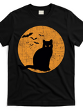 Men's T-Shirt Halloween Moon Silhouette With Bats And Glowing Black Cat