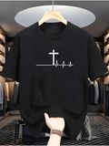 Men's T-Shirt Minimalist Line Art With Heartbeat And Prominent Cross Symbol
