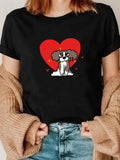 Women's T-Shirt Playful Cartoon Dog With Red Heart And Green Accents Dog