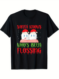 Men's T-Shirt Santa Knows Whos Been Flossing Festive Teeth With Santa Hats Under Snowflakes