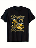 Men's T-Shirt Stepping Into My 70th Birthday With Gold High Heels And Glittering Accents