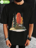 Men's T-Shirt Autumn Leaves With Cabin Hillside And Pine Forest Scene