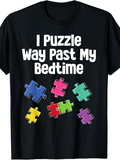 Men's T-Shirt I Puzzle Way Past My Bedtime Colorful Pieces Scattered Across Black Fabric T Shirt