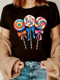 Women's T-Shirt Colorful Candy With Ribbons Whimsical Swirl Lollipop Trio