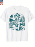 Men's T-Shirt Desert Landscape With Cactus Moonlight And Cowboy Hat Dog