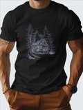Men's T-Shirt Snow Covered Pine Trees And Cozy Wooden Cabin Under Starlit Night Cabin