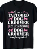 Men's T-Shirt Tattooed Dog Groomer With Playful Pink Paw Prints Among Silhouetted Poodles