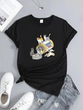 Women's T-Shirt Playful Curious Cats With Yarn Balls And Cozy Basket