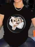 Women's T-Shirt Playful Brown Tabby Cat Peeking Through Torn White Paper Kitten
