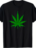 Men's T-Shirt Bright Green Botanical Leaf Graphic Centered On Black Shirt Cannabis Leaf