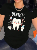 Women's T-Shirt Dentist Smiling Tooth Holding Brush With Stars And Sparkling Teeth