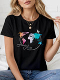 Women's T-Shirt Adventure Awaits Colorful Watercolor World Map With Flying Airplane