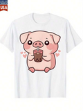 Men's T-Shirt Cute Bubble Tea With Blushing Pink Cartoon Pig Surrounded By Hearts
