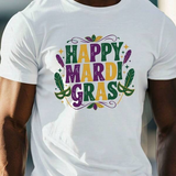 Men's T-Shirt Happy Mardi Gras With Festive Green Leaves Purple Feathers Gold Mask Colorful Text