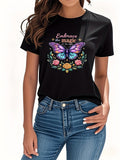 Women's T-Shirt Embrace The Magic Vibrant Blue Butterfly With Colorful Flowers