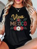 Women's T-Shirt Viva Mexico With Bright Flowers Under Lively Bold Lettering