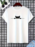 Men's T-Shirt Minimalist Black Cat Peeking Behind Thin Horizontal Line Cat