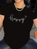 Women's T-Shirt Happy Handwritten With Playful Heart Script Word