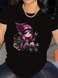 Women's T-Shirt Plaid Hat Punk Elf Girl With Tattoos Sitting Among Wildflowers
