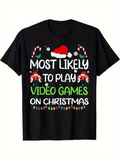Men's T-Shirt Most Likely To Play Video Games On Christmas With Festive Snowflakes And Candy Canes Santa Hat