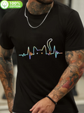Men's T-Shirt Colorful Heartbeat Line With Playful Cat Outline Design Cat