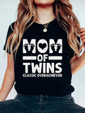 Women's T-Shirt Mom Of Twins Classic Lettering With Cute Heart And Footprints Typography