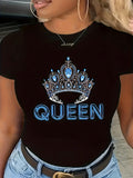 Women's T-Shirt Blue Jewelled Crown With Lettering Among Sparkling Gemstone Accents Queen