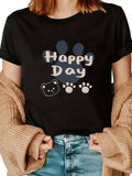 Women's T-Shirt Happy Day With Bear Face Print And Playful Paw Pattern