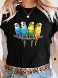Women's T-Shirt Colorful Parakeets Sitting Side By Side On Wooden Branch