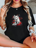 Women's T-Shirt White Wolf Surrounded By Red Blossoms And Forest Darkness Wolf