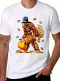 Men's T-Shirt Cartoon Autumn Leaves Pumpkin Hat Wearing Sasquatch