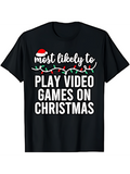 Men's T-Shirt Most Likely To Play Video Games On Christmas Festive Lights T Shirt