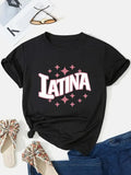 Women's T-Shirt Latina Bold White Letters With Pink Star Accents On Black Shirt
