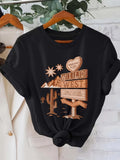 Women's T-Shirt Retro Desert Scene With Neon Sign And Cacti Under Starry Mountains